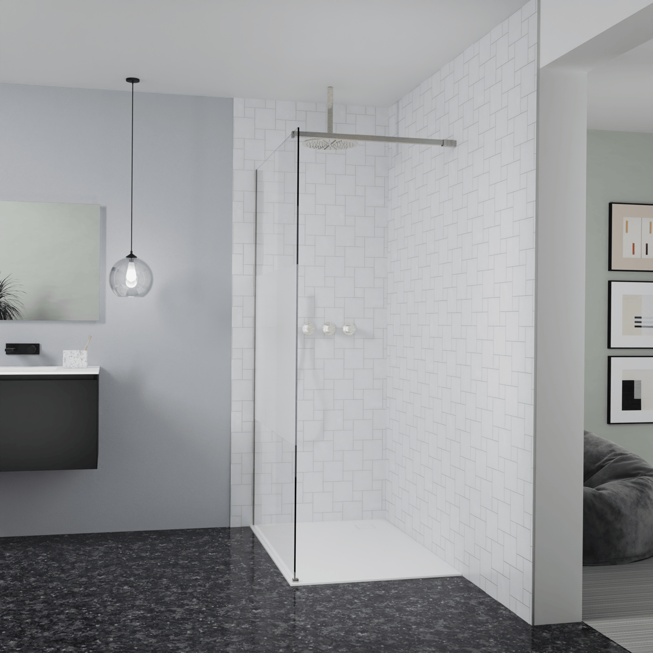 Balmani Modular Walk-In Dusche: 120 x 200 cm, Klarglas mit mattiertem Streifen, Profil Brushed CoolMetal