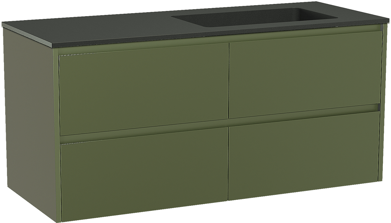 Storke Seda zwevend badmeubel 130 x 52 cm olijfgroen met Scuro asymmetrisch rechtse wastafel in kwarts mat zwart