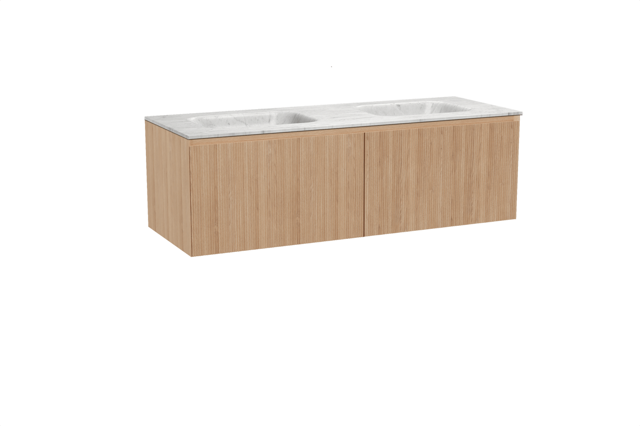 Balmani Fila hängendes Möbelstück Set: 150 x 55 cm, Naturbelassene Eiche, mit Tablo Arcato Doppelwaschtisch, Marmor, Carrara, Vertikale symmetrische gerade Rippe