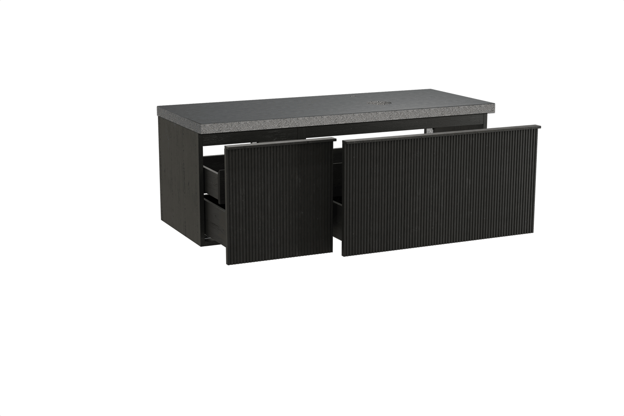 Balmani Forma hängendes Möbelstück Set: 135 x 55 cm, Schwarze Eiche, mit Rock Waschtisch rechts, Granit, Schwarzes Granit, Vertikale symmetrische gerade Rippe