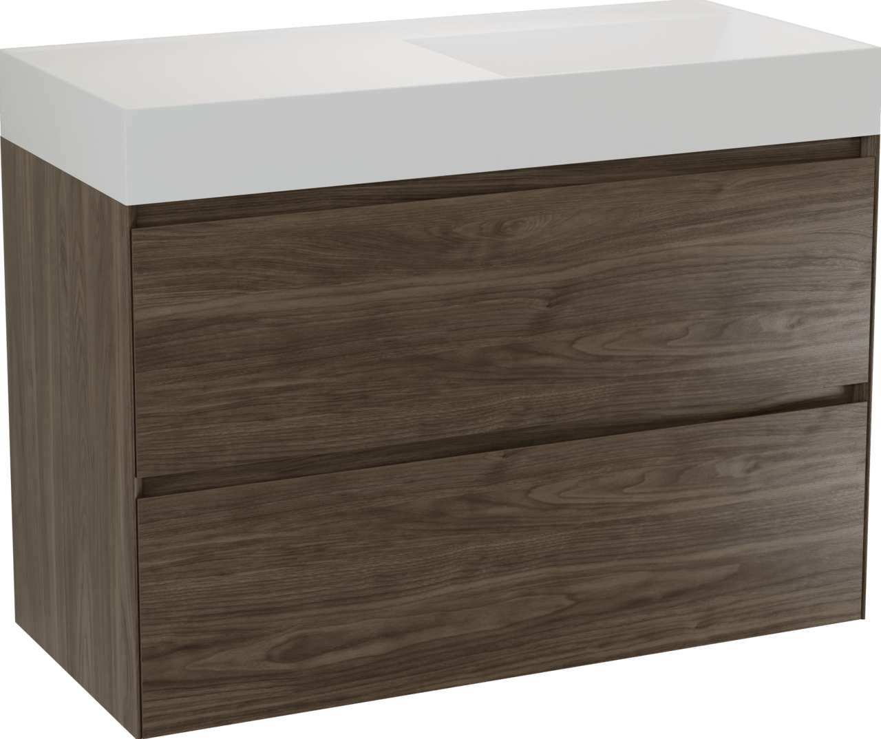 Balmani Mitra Compact meuble salle de bains suspendu 100 x 46 cm Noyer américain avec Argila vasque asymétrique droite en marbre composite blanc mat