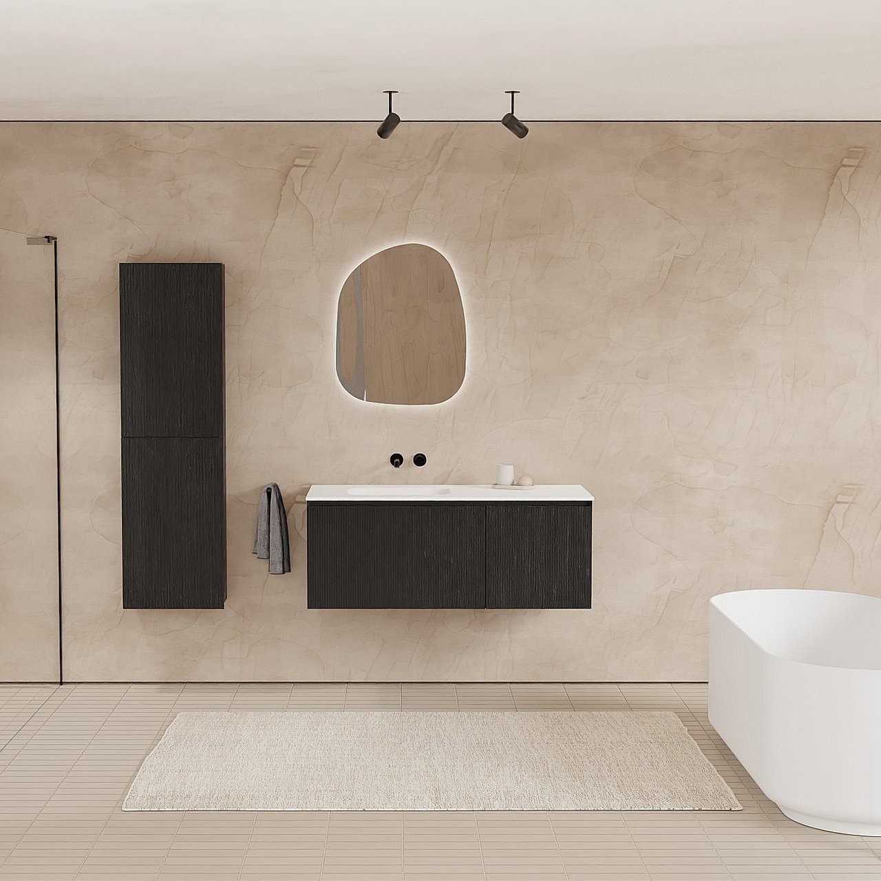 Balmani Fila hängendes Möbelstück Set: 120 x 55 cm, Schwarze Eiche, mit Tablo Arcato Waschtisch links, Solid Surface, Weiß matt, Vertikale symmetrische gerade Rippe