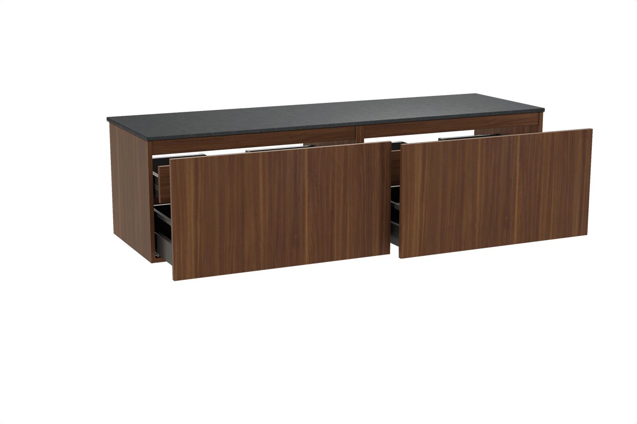 Balmani Sfera hängendes Möbelstück Set: 180 x 55 cm, Amerikanischer Nussbaum, mit Stretto Einzel- oder Doppel Waschtischplatte, Schwarzes Granit