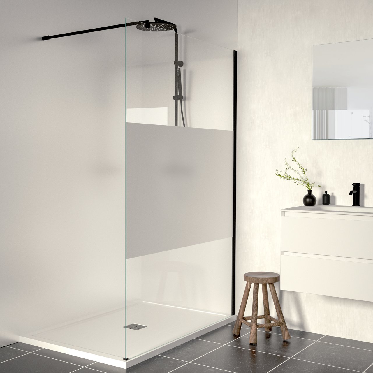 Linie Walk-In douche à l'italienne 140 x 200 cm verre transparent avec bande mate profil noir mat