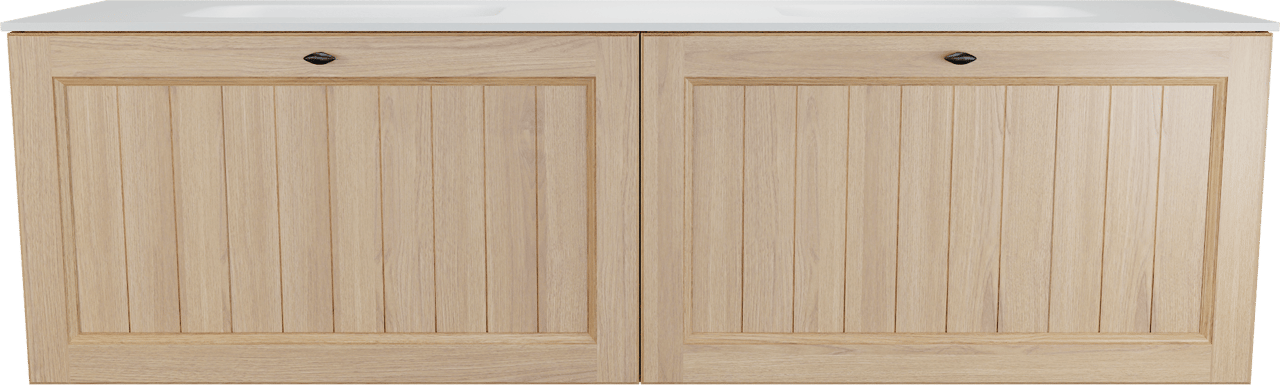 Balmani Lemon zwevend badkamermeubel 180 x 55 cm, fineer natuur eik met Tablo Arcato dubbele wastafel in mat wit