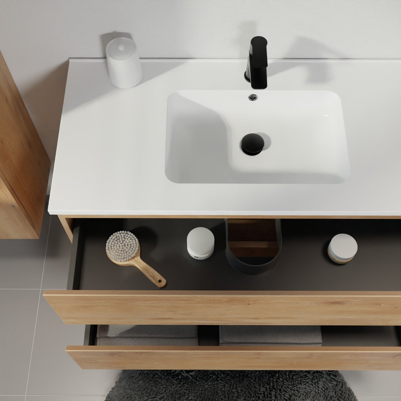 Linie Lado meuble salle de bains suspendu 120 x 46 cm chêne naturel avec Vano plan vasque asymétrique à gauche en marbre composite blanc mat