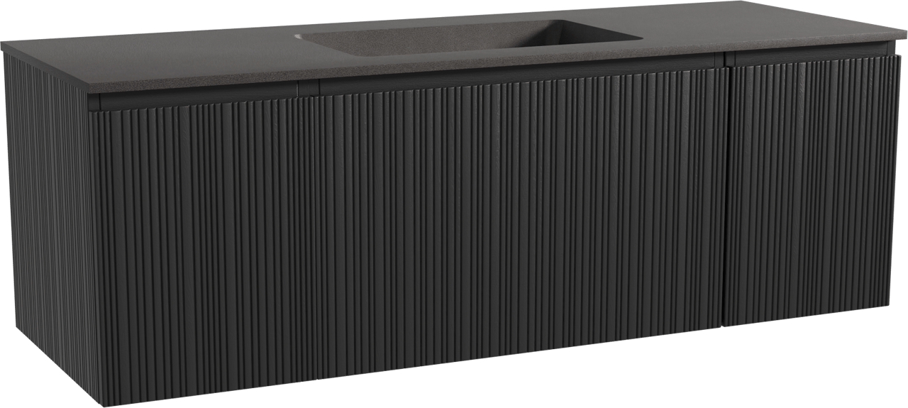 Storke Ribs zwevend badmeubel 145 x 52 cm zwart eiken met Scuro enkele wastafel in kwarts mat zwart, Verticale asymmetrische rechte ribbel