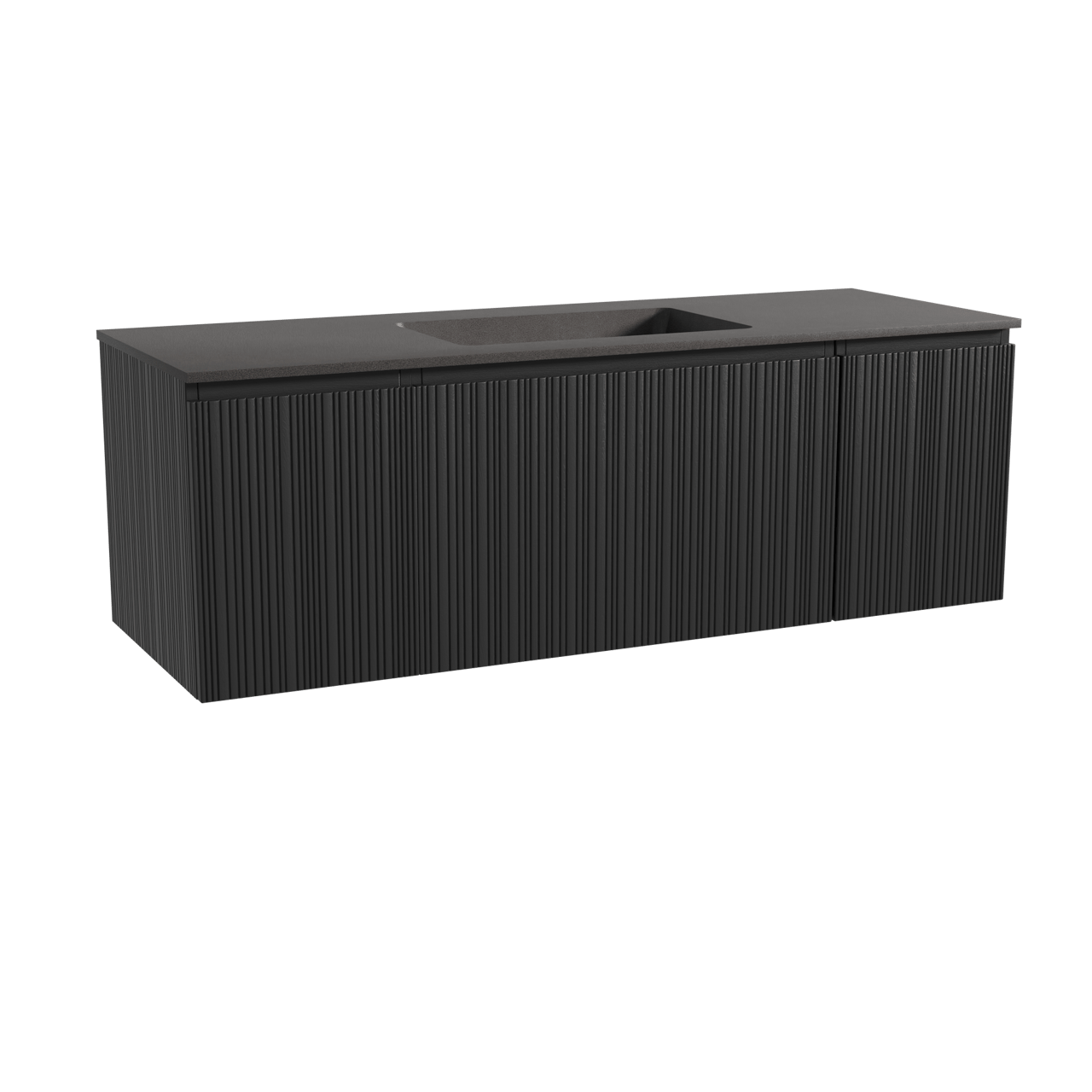 Storke Ribs meuble salle de bains suspendu 145 x 52 cm chêne noir avec Scuro plan simple en quartz noir mat, Nervure droite asymétrique verticale