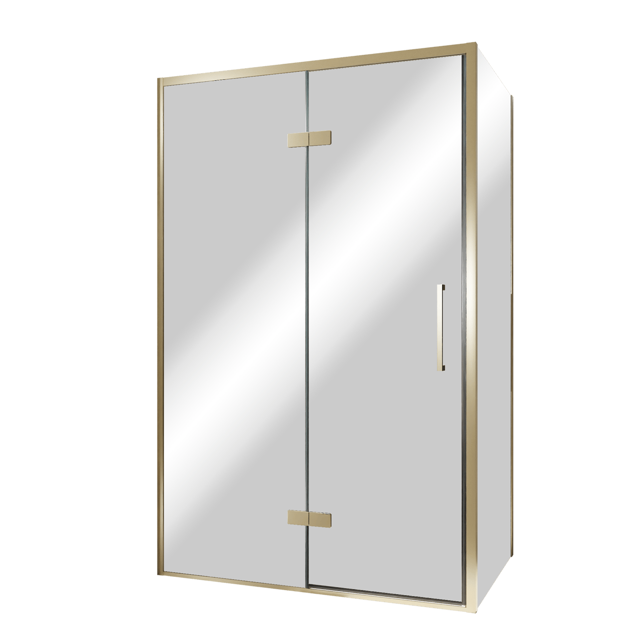 Balmani Senses Design Eckdusche: Drehtür (Links) mit fixierte Seitenwand, 120 x 80 cm, Reflex-Spiegelglas, Profil Brushed Champagner Gold, inklusive Coating