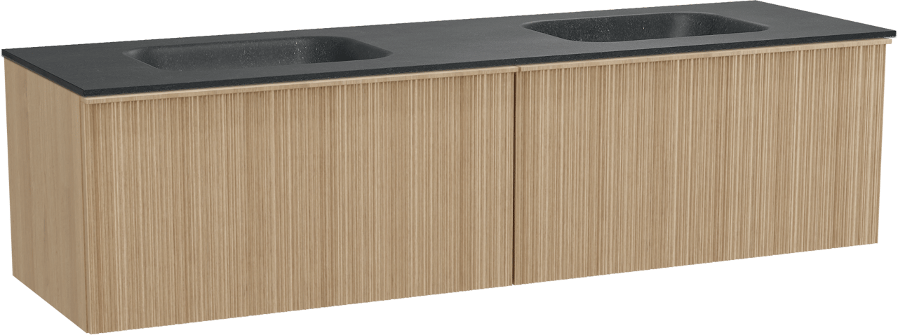 Balmani Forma meuble salle de bains suspendu 180 x 55 cm chêne naturel avec Tablo Arcato double vasque en granit noir, Nervure circulaire asymétrique verticale