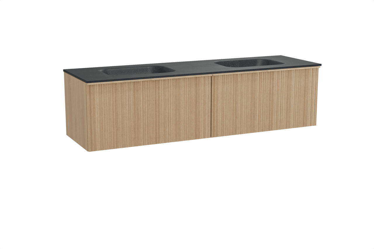 Balmani Forma hängendes Möbelstück Set: 180 x 55 cm, Naturbelassene Eiche, mit Tablo Arcato Doppelwaschtisch, Granit, Schwarzes Granit, Vertikale asymmetrische Runde Rippe