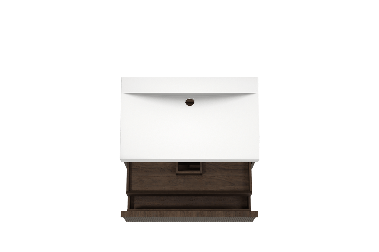 Balmani Forma meuble salle de bains suspendu 90 x 55 cm chêne fumé avec Wave plan simple en solid surface blanc mat, Nervure droite symétrique verticale