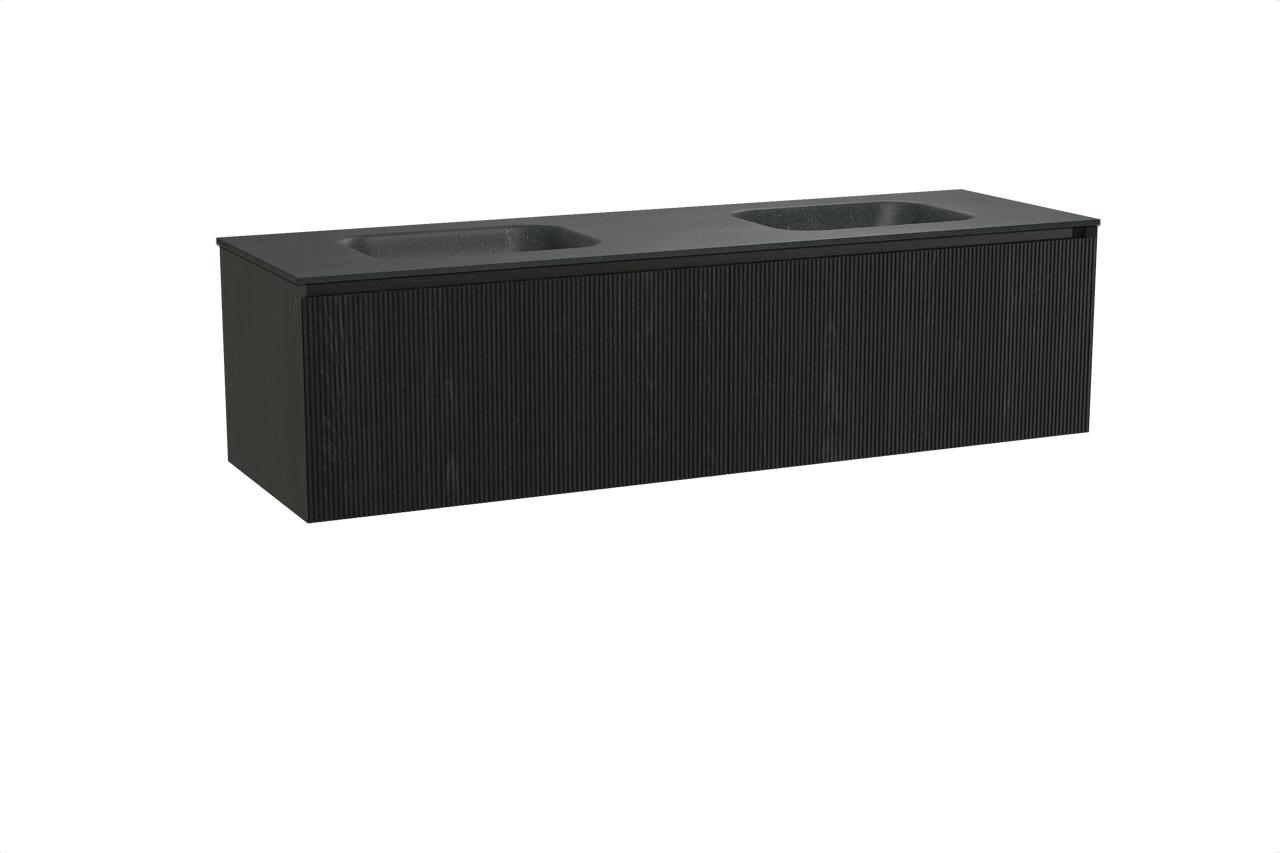Balmani Fila meuble salle de bains suspendu 180 x 55 cm chêne noir avec Tablo Arcato double vasque en granit noir, Nervure droite symétrique verticale
