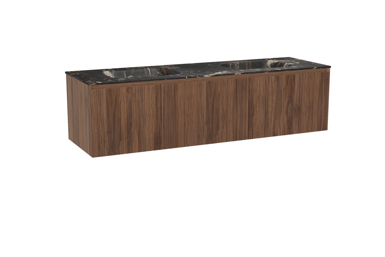 Balmani Fila hängendes Möbelstück Set: 180 x 55 cm, Nussbaum, mit Tablo Arcato Doppelwaschtisch, Marmor, Portoro Gold, Vertikale symmetrische gerade Rippe