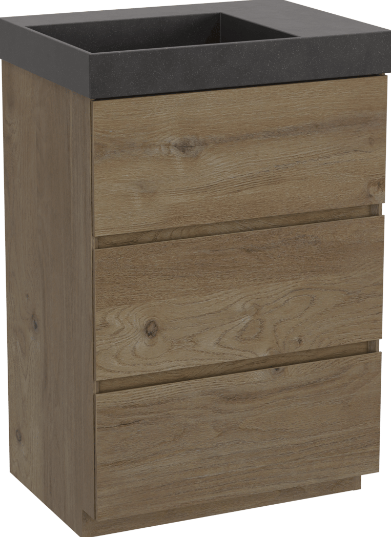 Storke Edge meuble salle de bains à poser 60 x 46 cm chêne brut avec Jura vasque asymétrique gauche en quartz noir mat