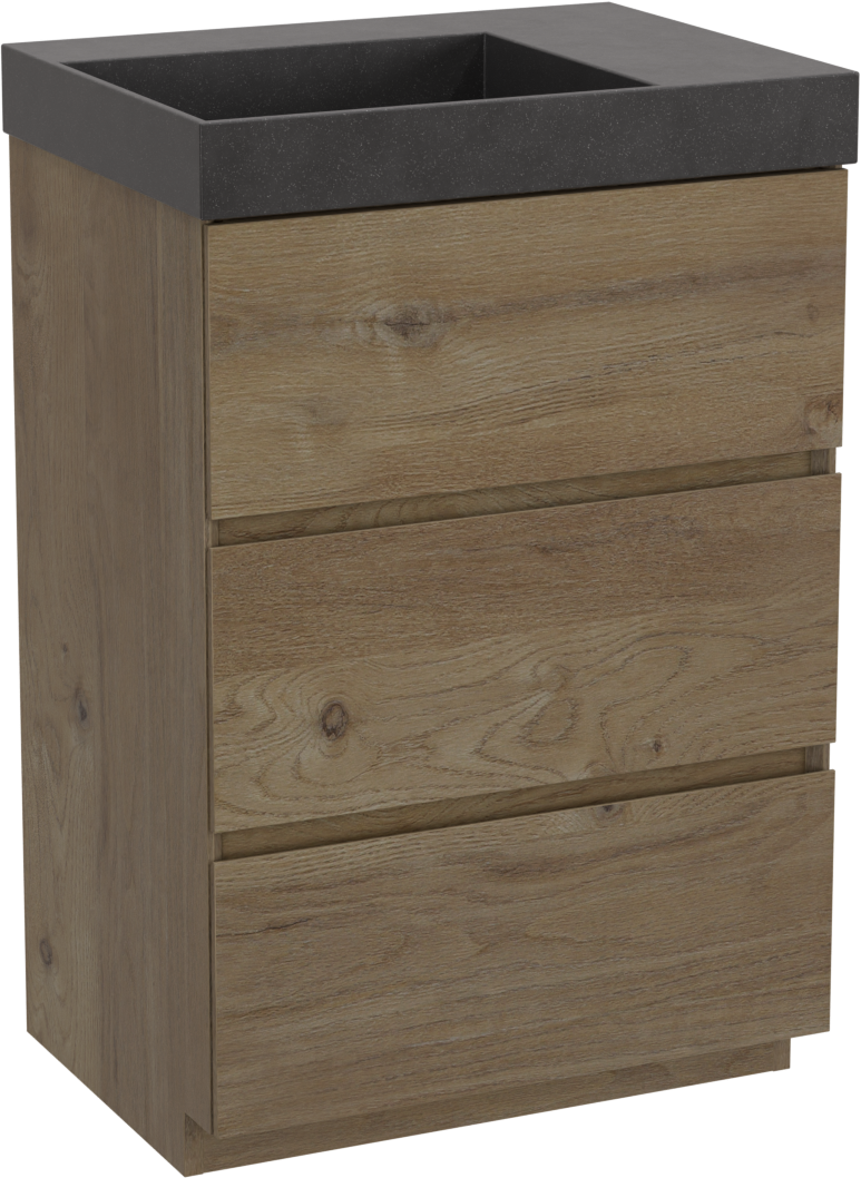 Storke Edge meuble salle de bains à poser 60 x 46 cm chêne brut avec Jura vasque asymétrique gauche en quartz noir mat