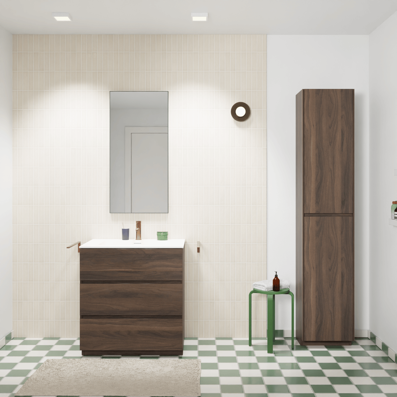 Storke Edge staand badmeubel 75 x 52 cm notenhout met Mata enkele wastafel in solid surface mat wit