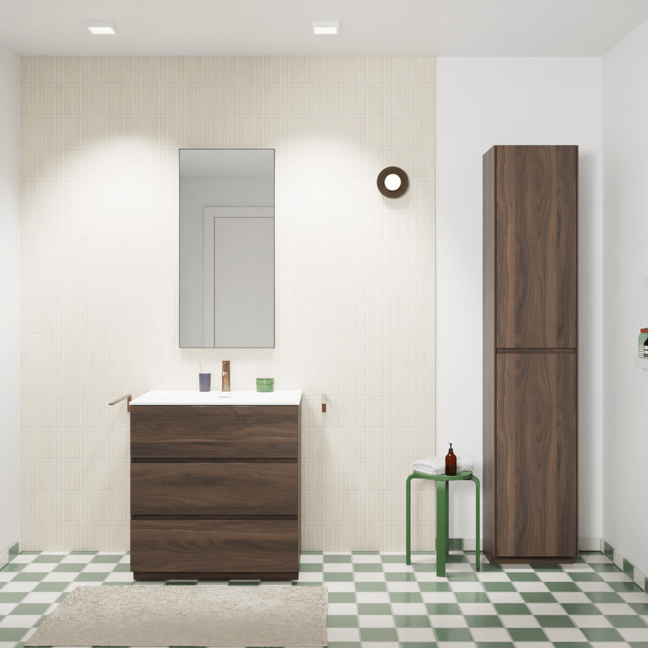 Storke Edge staand badmeubel 75 x 52 cm notenhout met Mata enkele wastafel in solid surface mat wit