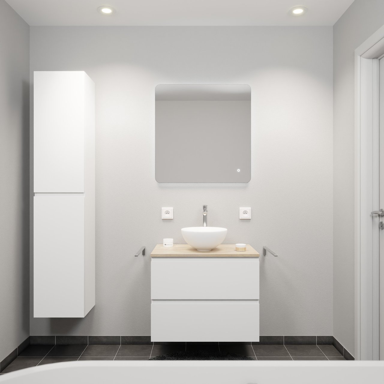 Linie Lado zwevend badkamermeubel 70 x 46 cm mat wit met Lado enkel tablet in melamine natuur eik