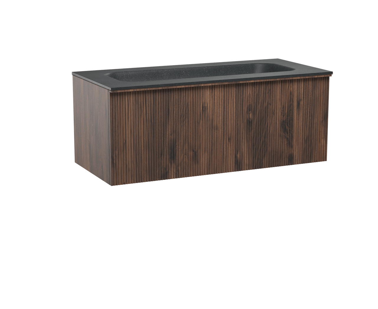 Balmani Forma meuble salle de bains suspendu 120 x 55 cm noyer américain avec Tablo Arcato lavabo simple pour 2 trous de robinet en granit noir, Nervure droite symétrique verticale