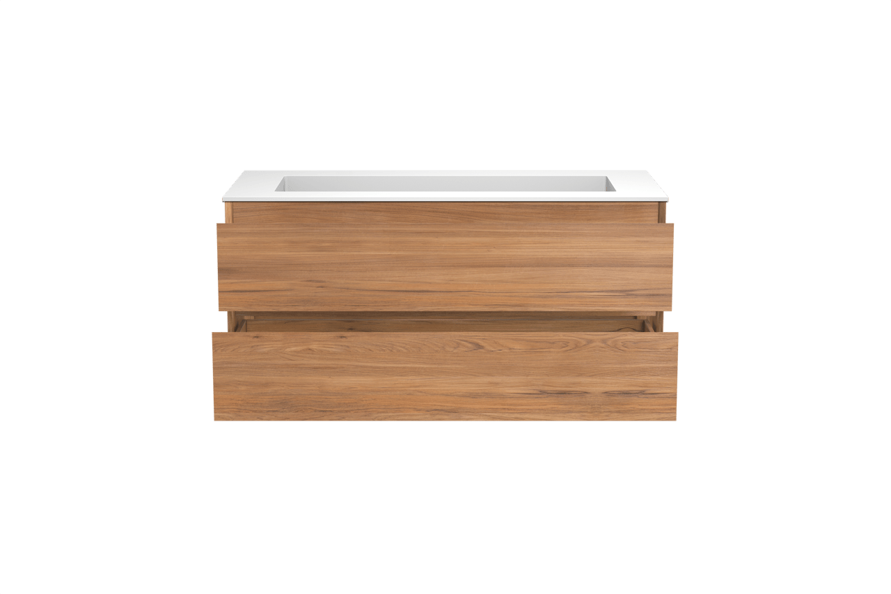 Balmani Mitra zwevend badkamermeubel 120 x 55 cm teak met Tablo Stretto enkele wastafel voor 2 kraangaten in solid surface mat wit