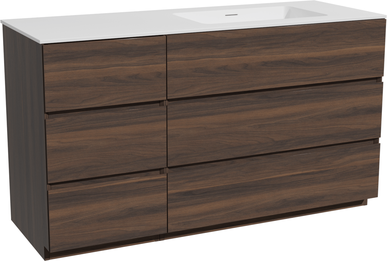 Storke Edge staand badmeubel 140 x 52 cm notenhout met Mata asymmetrisch rechtse wastafel in solid surface mat wit