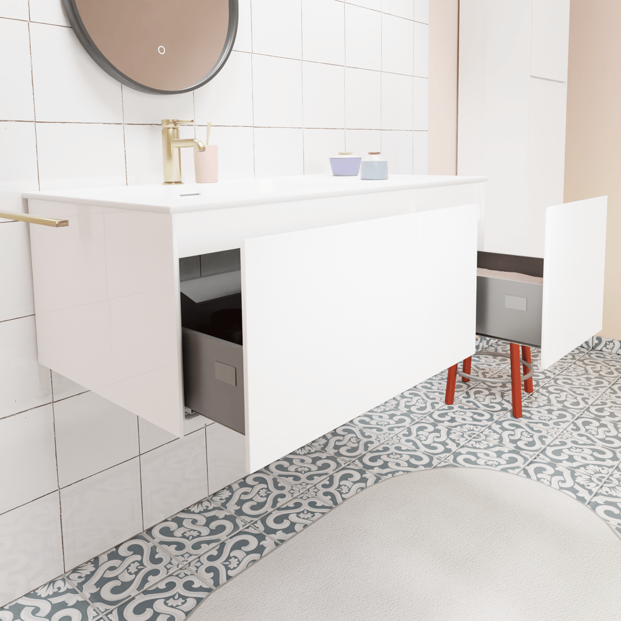 Storke Edge hängendes Möbelstück Set: 100 x 52 cm, Weiß glänzend, mit Mata Waschtisch links, Solid Surface Weiß matt