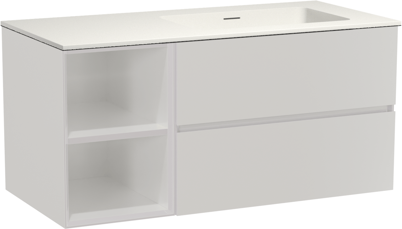 Storke Edge zwevend badkamermeubel 110 x 52 cm glanzend wit met Mata asymmetrisch rechtse wastafel in solid surface mat wit