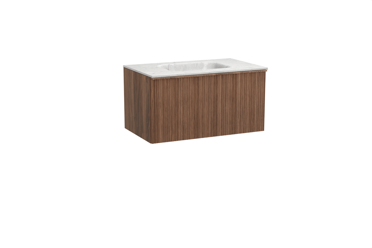 Balmani Forma hängendes Möbelstück Set: 90 x 55 cm, Amerikanischer Nussbaum, mit Tablo Arcato Einzelwaschtisch, Marmor, Carrara, Vertikale asymmetrische Runde Rippe