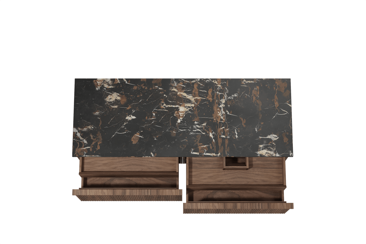 Balmani Forma zwevend badkamermeubel 150 x 55 cm amerikaanse notelaar met Stretto enkel of dubbel tablet in marmer portoro gold, Verticale symmetrische rechte ribbel