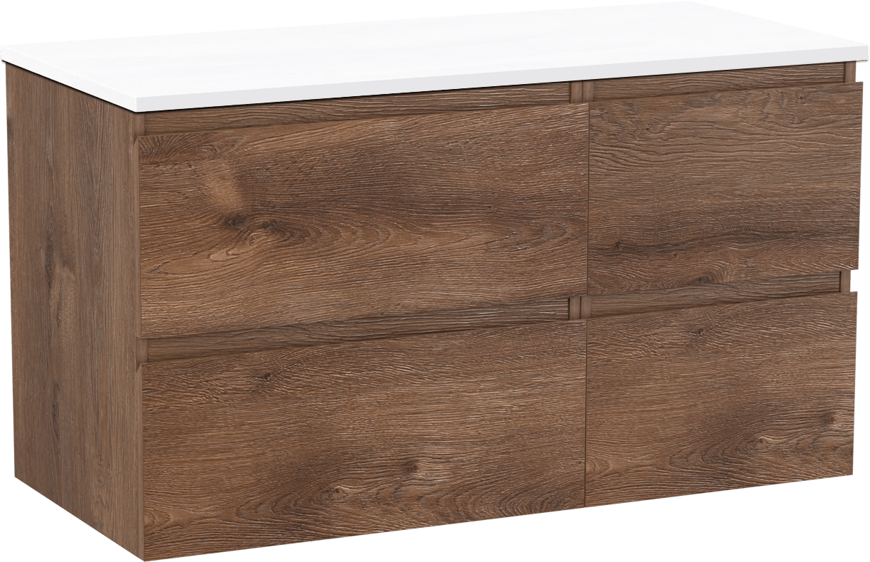 Linie Lado zwevend badkamermeubel 100 x 46 cm bruine eik met Lado enkel of dubbel tablet in composietmarmer glanzend wit