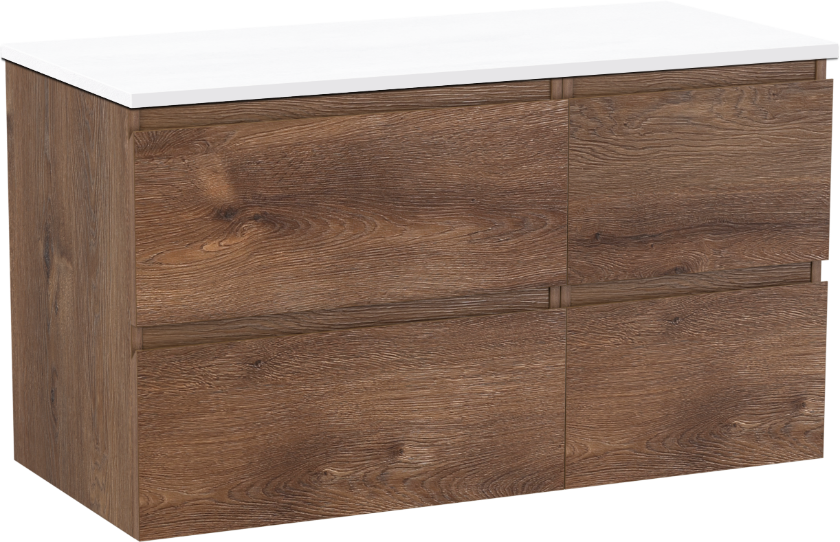 Linie Lado hängendes Möbelstück Set: 100 x 46 cm, Braune Eiche, mit Lado Einzel- oder Doppel Waschtischplatte, Marmorkomposit Weiß matt