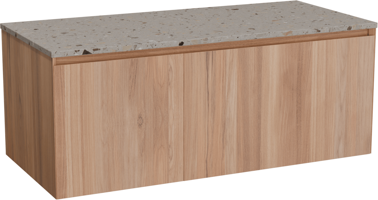 Balmani Idra zwevend badmeubel 120 x 55 cm teakhout met Stretto enkel of dubbel wastafelblad in terrazzo greige terrazzo