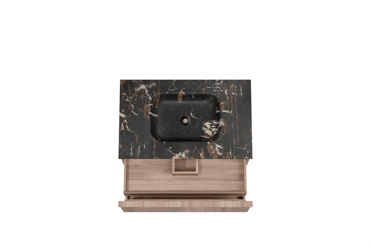 Balmani Forma hängendes Möbelstück Set: 90 x 55 cm, Teak, mit Tablo Arcato Einzelwaschtisch, Marmor, Portoro Gold, Vertikale symmetrische gerade Rippe