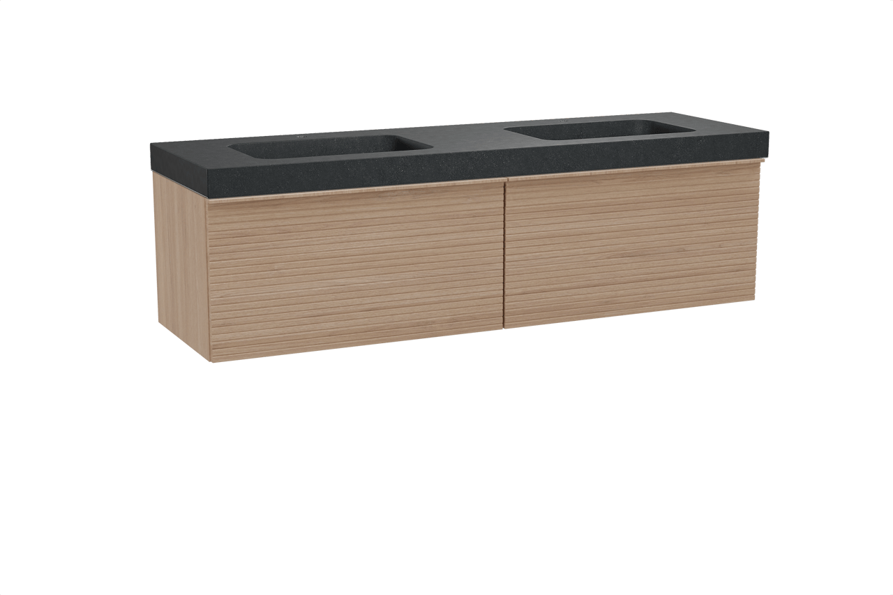 Balmani Forma zwevend badkamermeubel 180 x 55 cm natuur eik met Napoli dubbele wastafel in graniet zwart, Horizontale symmetrische rechte ribbel