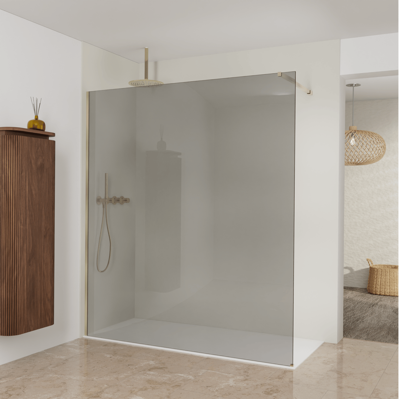 Balmani Modular Walk-In Dusche: 180 x 200 cm, Rauchglas, Profil Brushed Champagne Gold