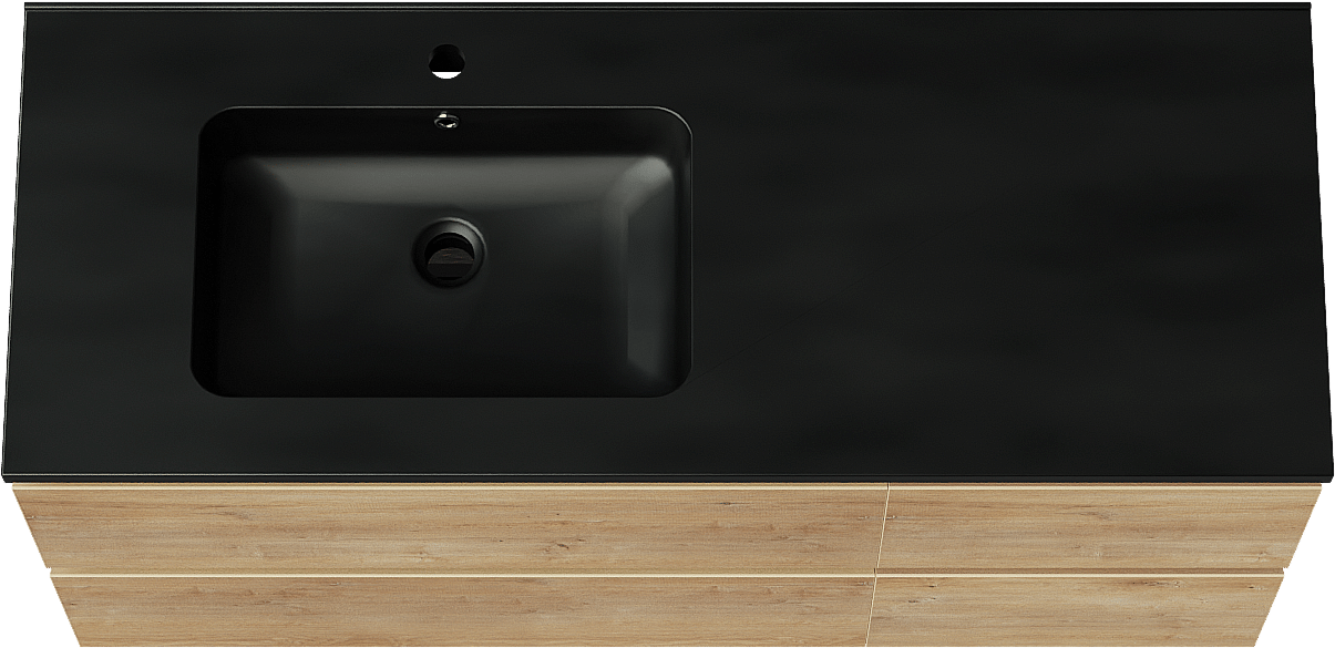 Linie Lado hängendes Möbelstück Set: 120 x 46 cm, Naturbelassene Eiche, mit Vano Waschtisch links, Marmorkomposit Schwarz matt