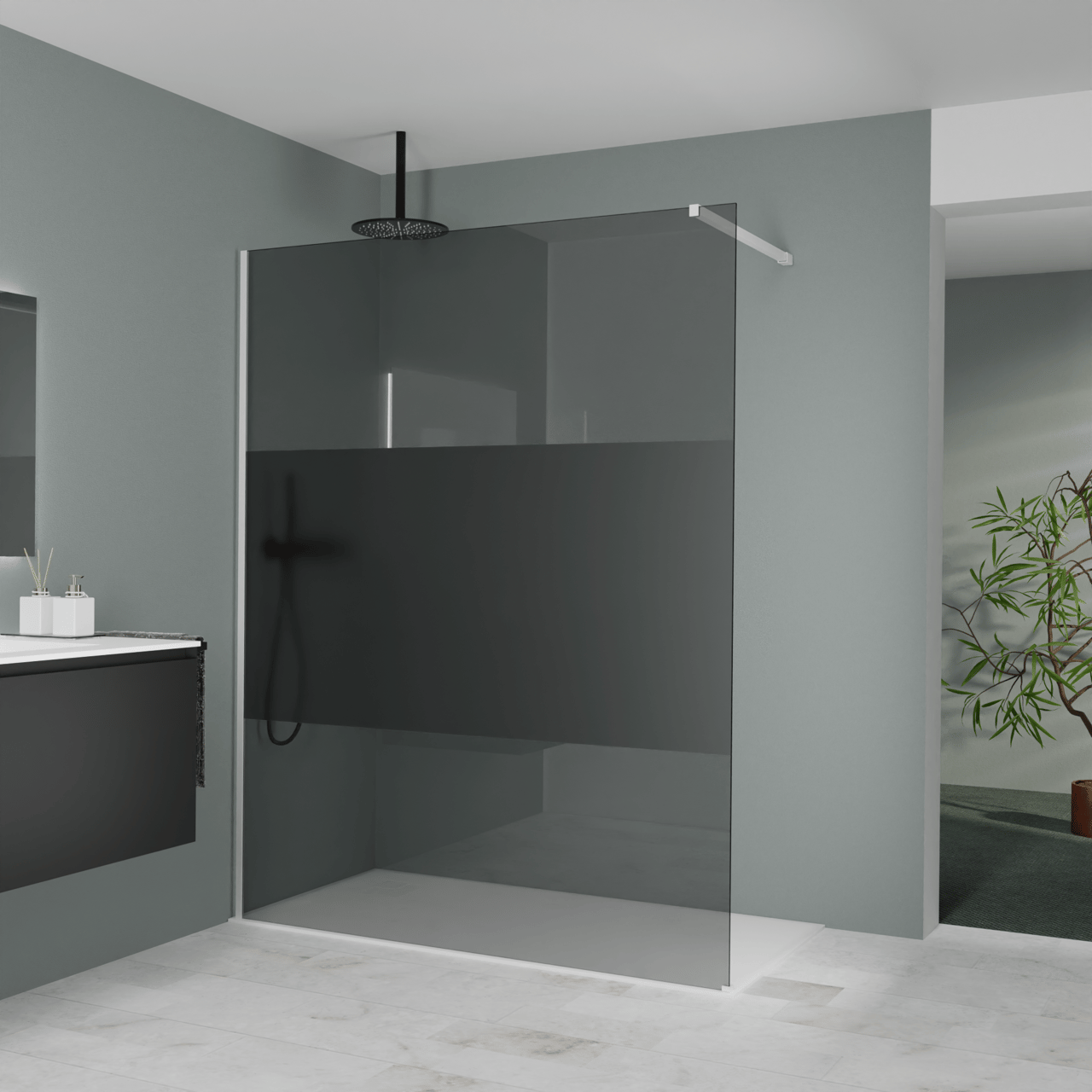Balmani Modular Walk-In Dusche: 160 x 200 cm, Rauchglas mit mattiertem Streifen, Profil Weiß matt