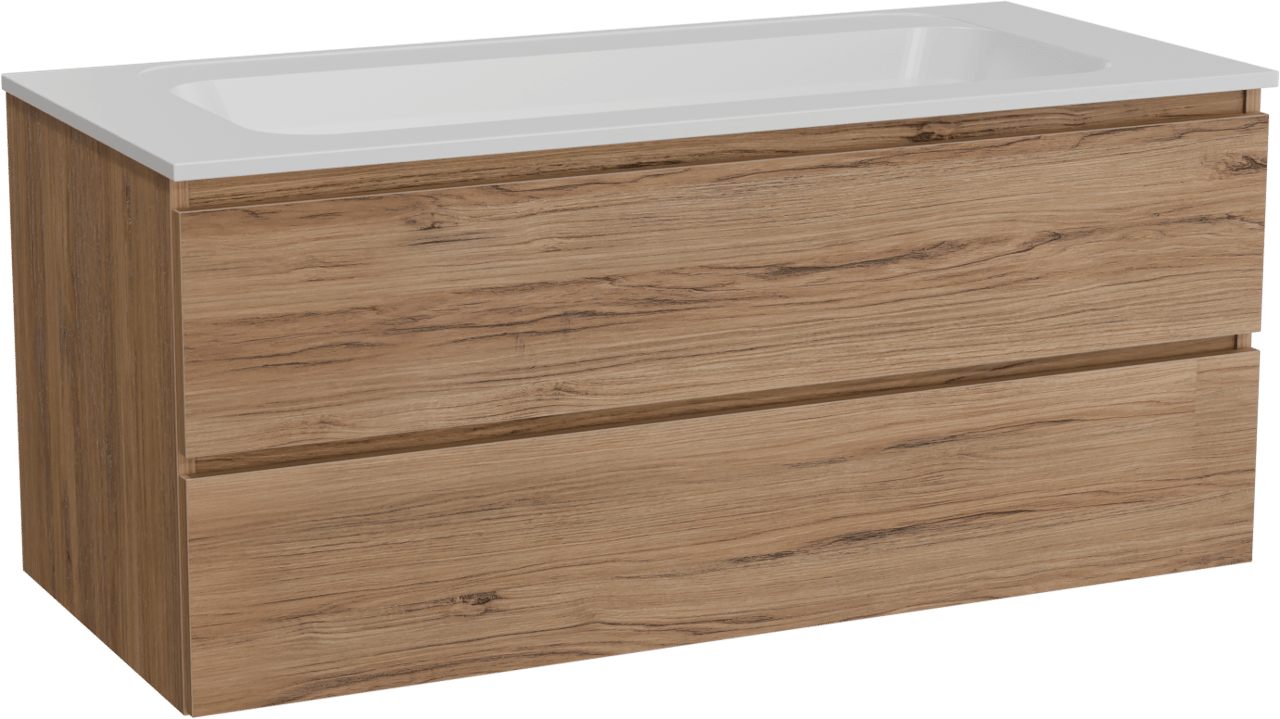 Balmani Lucida hängendes Möbelstück Set: 120 x 55 cm, Teak, mit Tablo Strada Einzelwaschtisch, Marmorkomposit Weiß matt