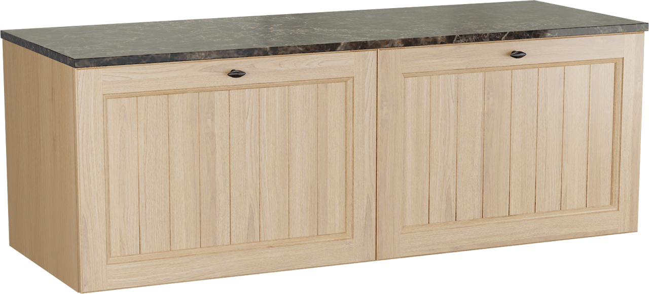 Balmani Lemon zwevend badkamermeubel 150 x 55 cm, fineer natuur eik met Stretto enkel of dubbel tablet in dark emperador