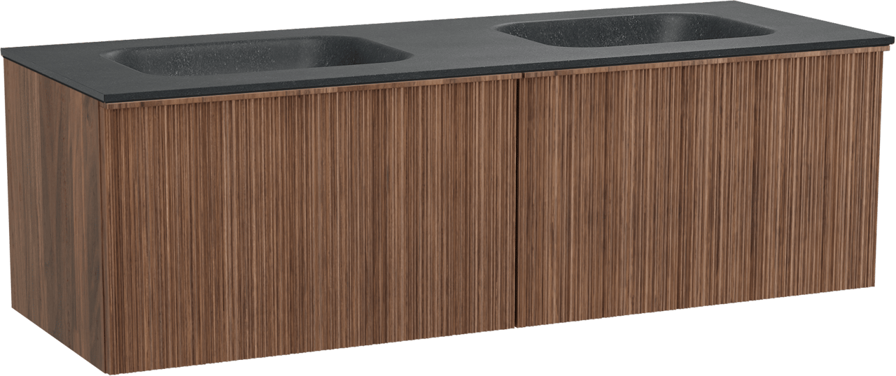 Balmani Forma zwevend badmeubel 150 x 55 cm amerikaans notenhout met Tablo Arcato dubbele wastafel in zwart graniet, Verticale asymmetrische ronde ribbel