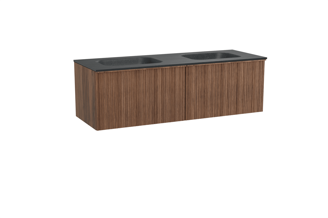 Balmani Forma meuble salle de bains suspendu 150 x 55 cm noyer américain avec Tablo Arcato double vasque en granit noir, Nervure circulaire asymétrique verticale