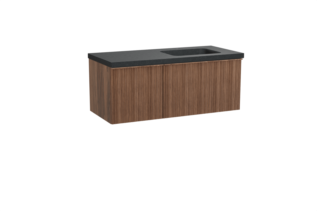 Balmani Forma hängendes Möbelstück Set: 120 x 55 cm, Amerikanischer Nussbaum, mit Napoli Waschtisch rechts, Granit, Schwarzes Granit, Vertikale asymmetrische Runde Rippe