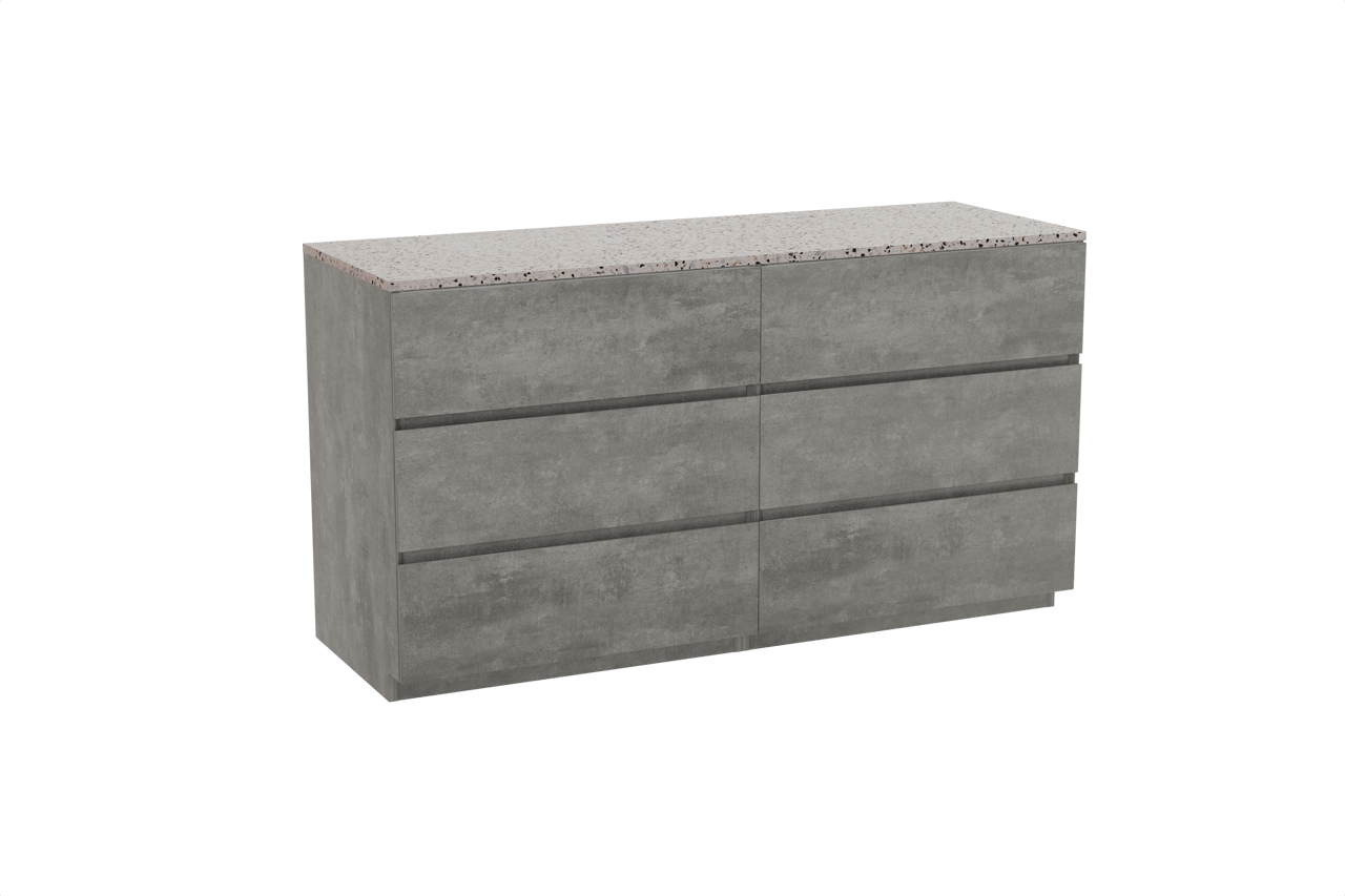 Storke Edge staand badmeubel 150 x 52 cm beton donkergrijs met Tavola enkel of dubbel wastafelblad in mat wit/zwart terrazzo
