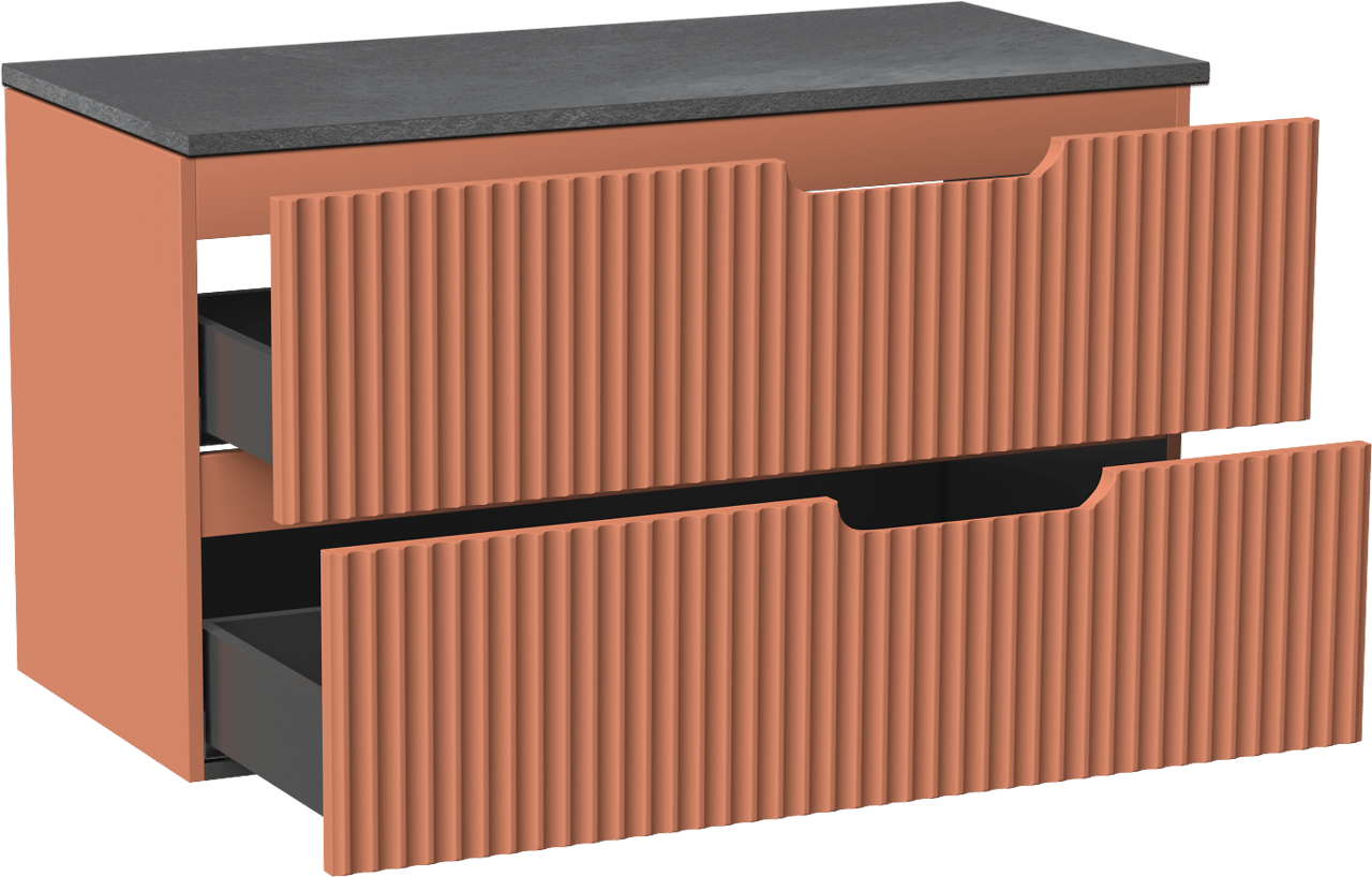 Linie Ribbo meuble salle de bains suspendu 100 x 46 cm cotto avec Lado tablette simple ou double en mélaminé ardoise gris, Nervure circulaire symétrique verticale