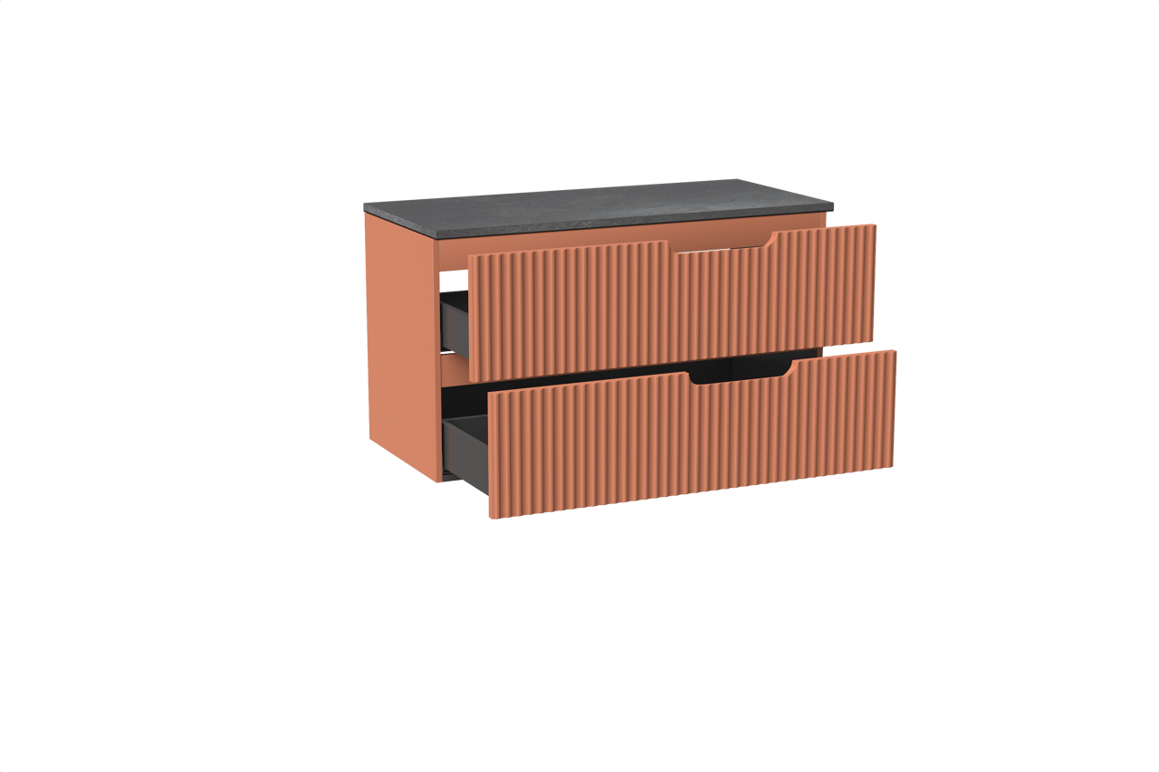 Linie Ribbo meuble salle de bains suspendu 100 x 46 cm cotto avec Lado tablette simple ou double en mélaminé ardoise gris, Nervure circulaire symétrique verticale