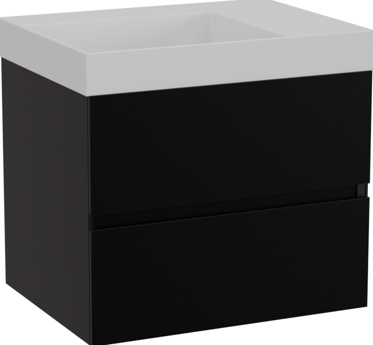 Storke Edge hängendes Möbelstück Set: 60 x 46 cm, Schwarz matt, mit Jura Waschtisch links, Solid Surface Weiß matt