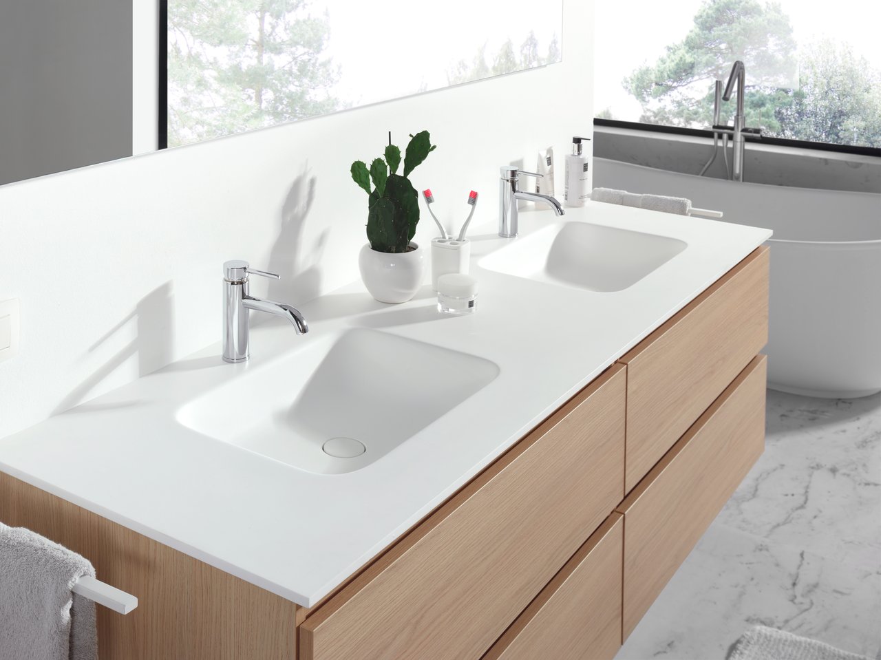 Balmani Tablo Arcato Doppelwaschtisch, Solid Surface matt, 150 x 55 cm, Ablaufventil nicht inklusive