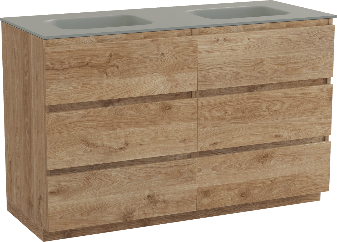 Balmani Lucida staand badkamermeubel 135 x 55 cm ruwe eik met Tablo Arcato dubbele wastafel in solid surface steengrijs