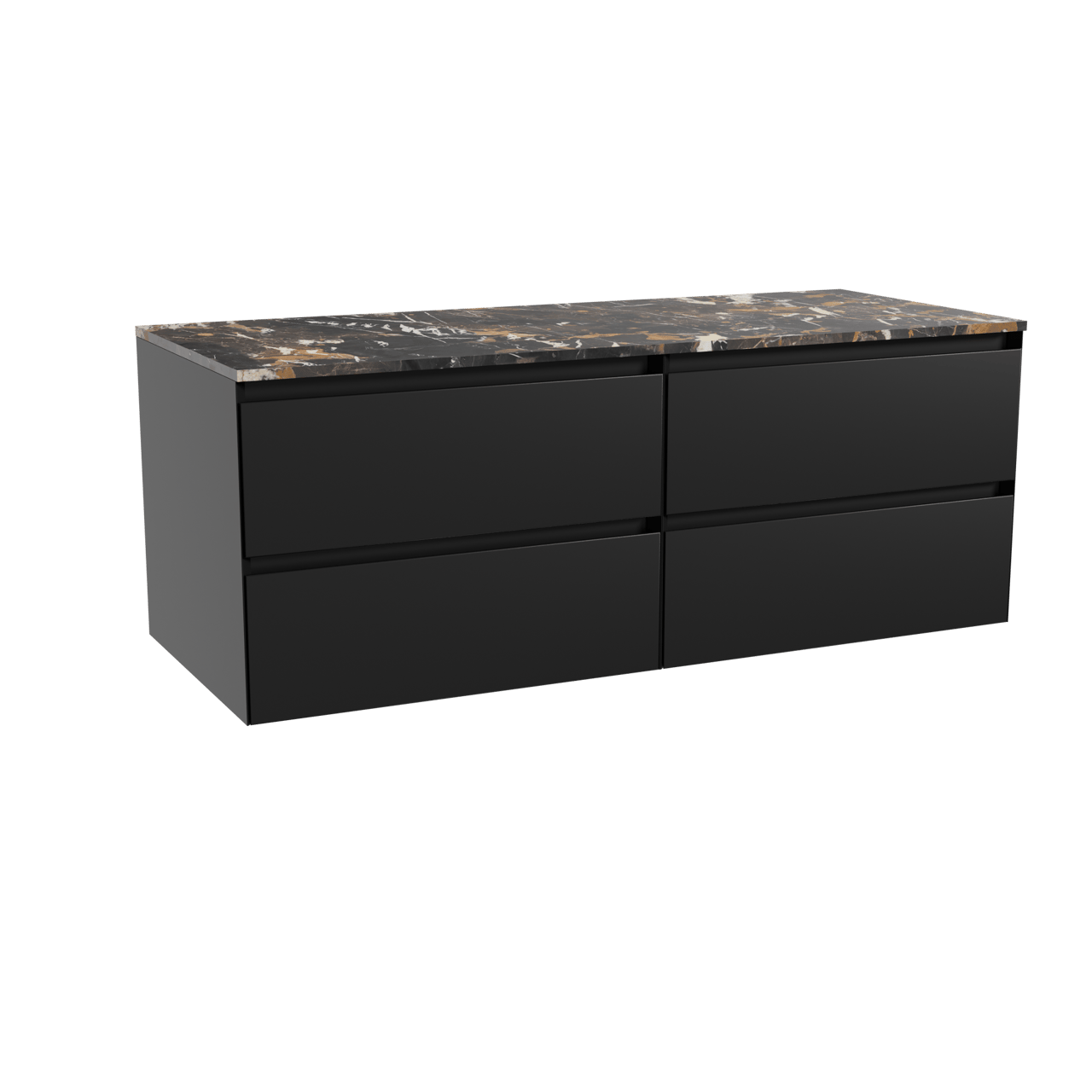 Balmani Mitra zwevend badkamermeubel 135 x 55 cm mat zwart met Stretto enkel of dubbel tablet in marmer portoro gold
